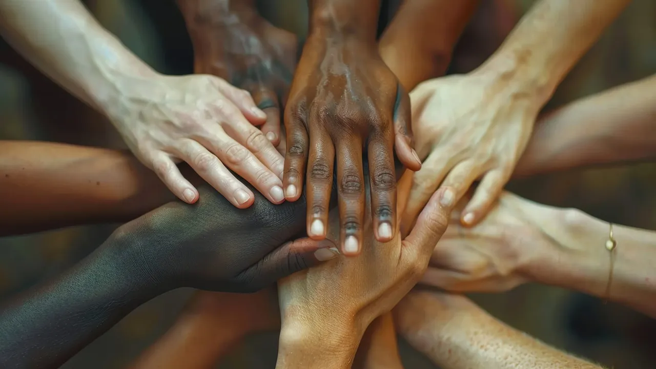 Mãos de diferentes tons de pele unidas, símbolo de pertencimento.