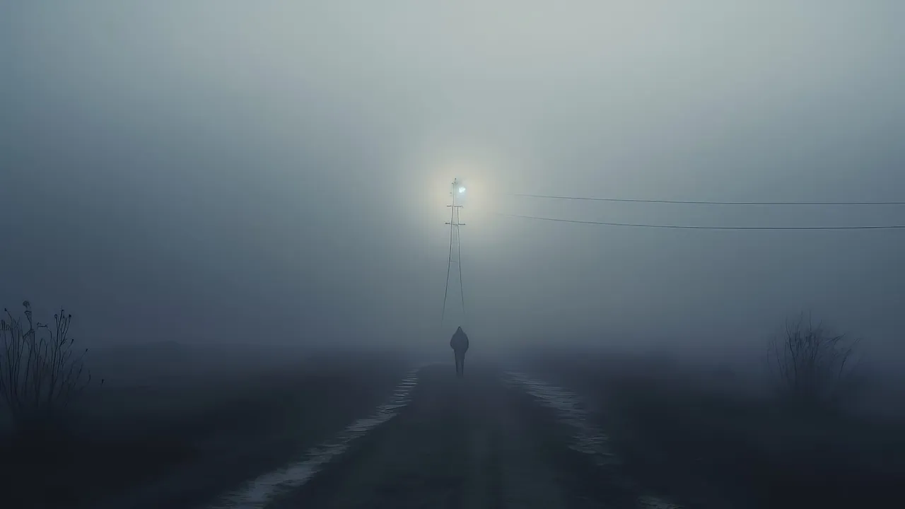 Silhueta de uma pessoa caminhando por uma estrada na neblina.